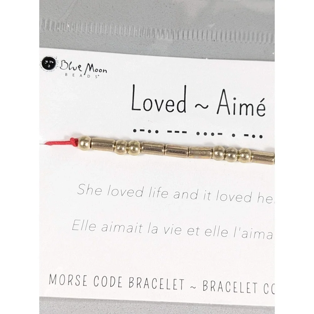 Loved Morse Code Bracelet Gold Tone Red Cord‎ Adjustable Minimalist Gift